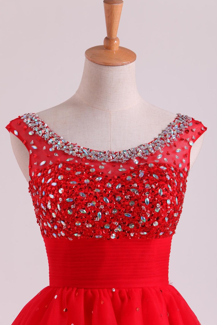 2022 Bateau A Line Short/Mini Homecoming Dresses With Beads & Ruffles Open Back