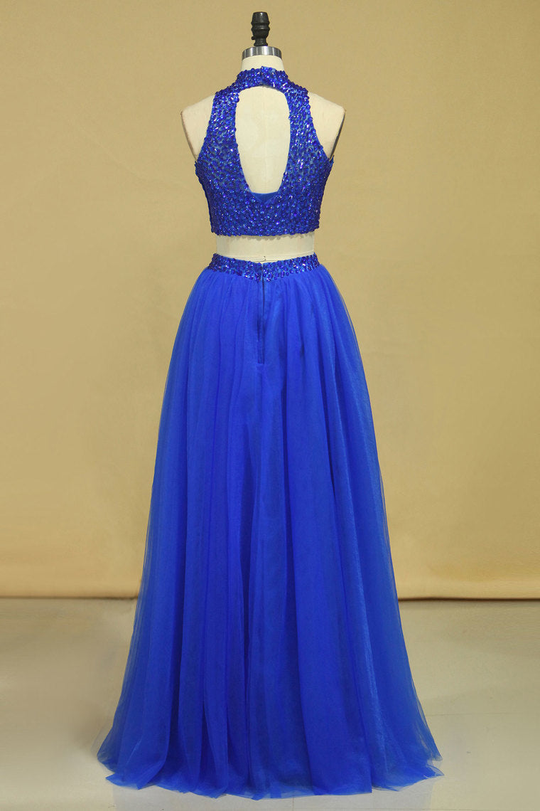 2022 Two-Piece Tulle With Beading Prom Dresses  High Neck A Line