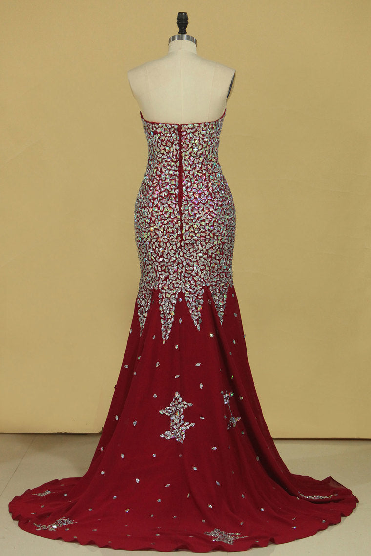 2022 Mermaid Sweetheart Sweep Train Chiffon With Beading Prom Dresses