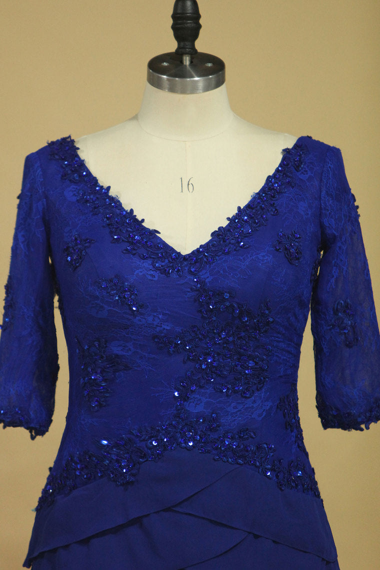 2022 Dark Royal Blue Mother Of The Bride Dresses Chiffon V Neck With 3/4 Length Sleeves