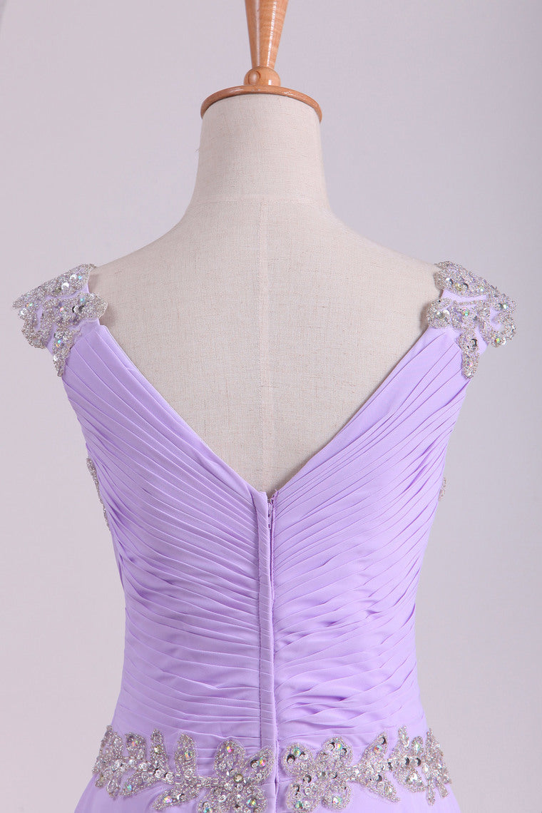 2022 Pom Dresses Off The Shoulder Floor Length Chiffon Beaded