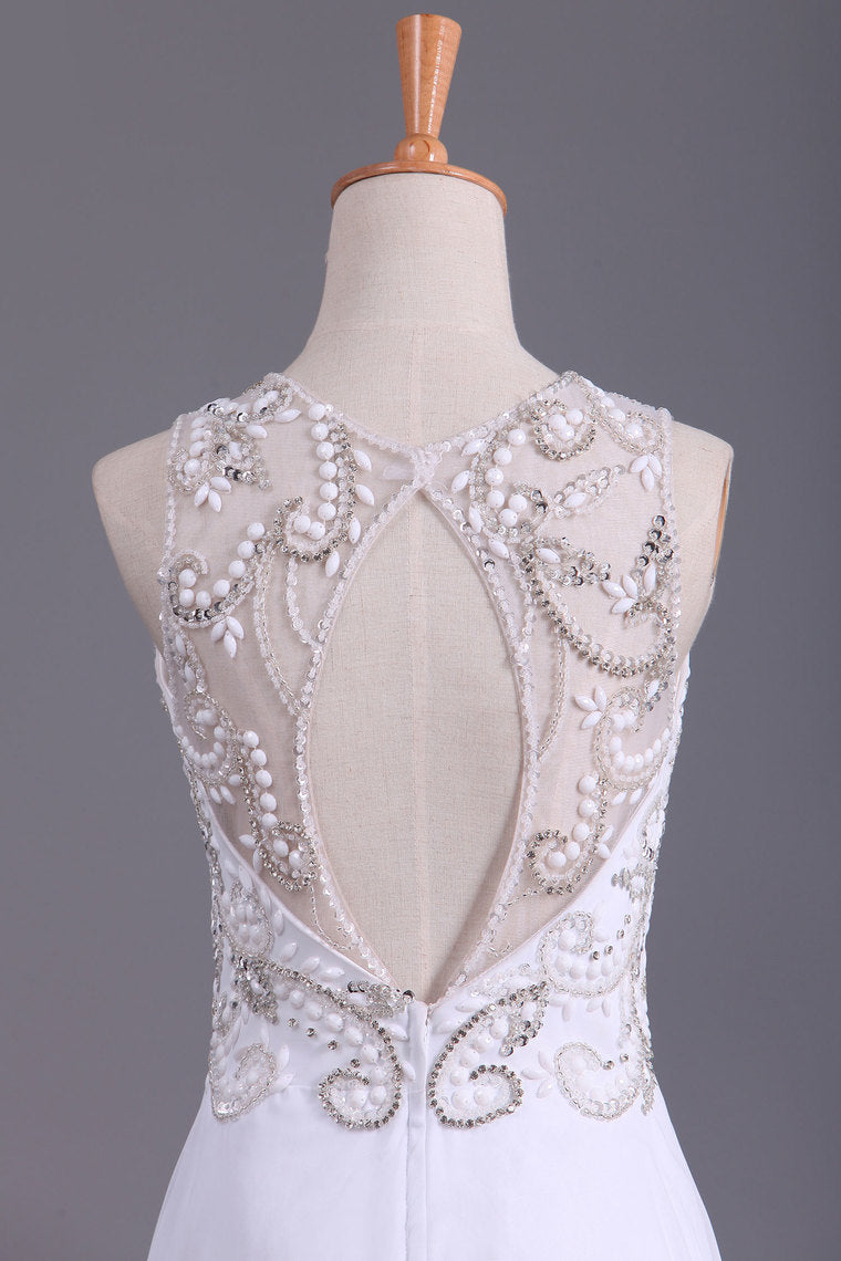 2022 A Line Scoop Prom Dresses Beaded Bodice Floor-Length Chiffon Open Back