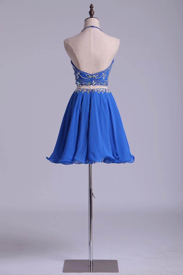 2022 Homecoming Dresses Halter Tulle & Chiffon Beaded Bodice Two Pieces
