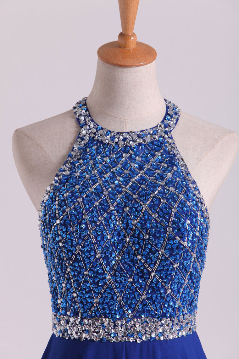 2022 A Line Prom Dresses Halter Beaded Bodice Open Back Sweep Train Chiffon & Tulle Dark Royal Blue