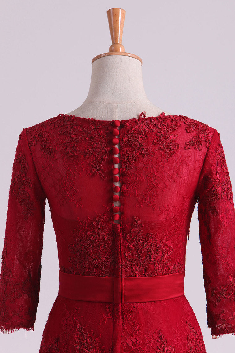 2022 Burgundy Mother Of The Bride Dresses Square 3/4 Length Sleeve With Applique Satin
