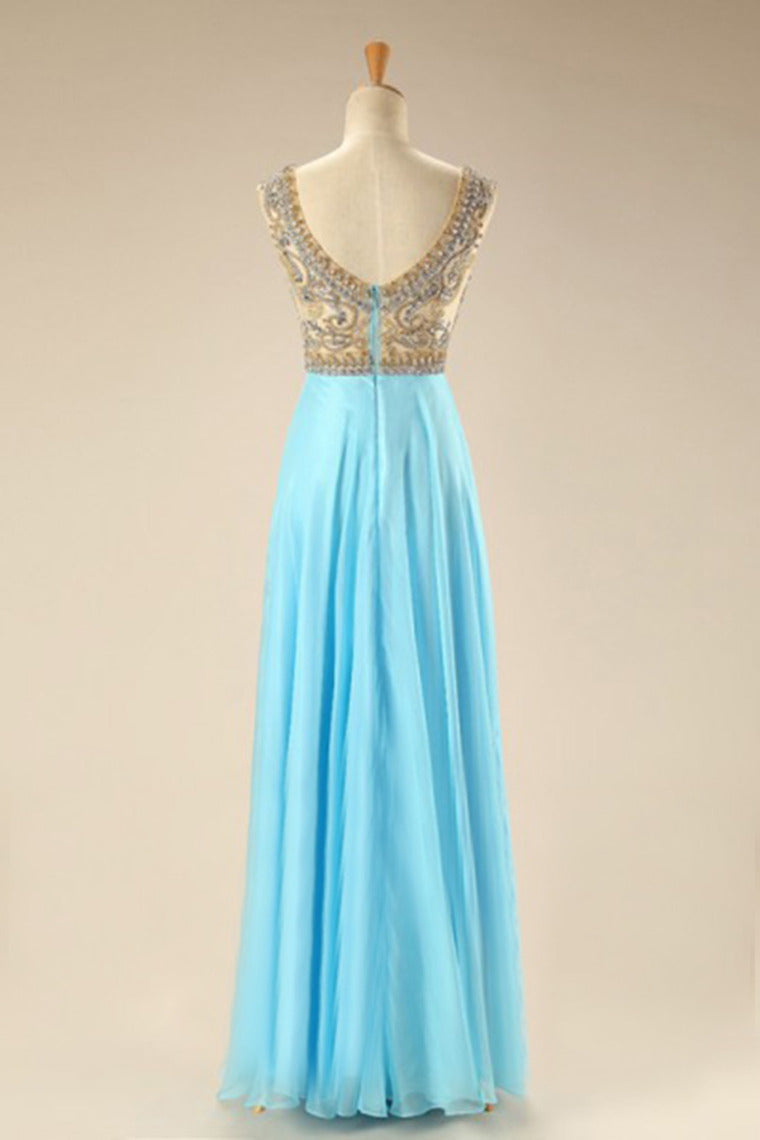 2022 Prom Dress Scoop A Line Floor Length Beaded Tulle Bodice With Chiffon Skirt