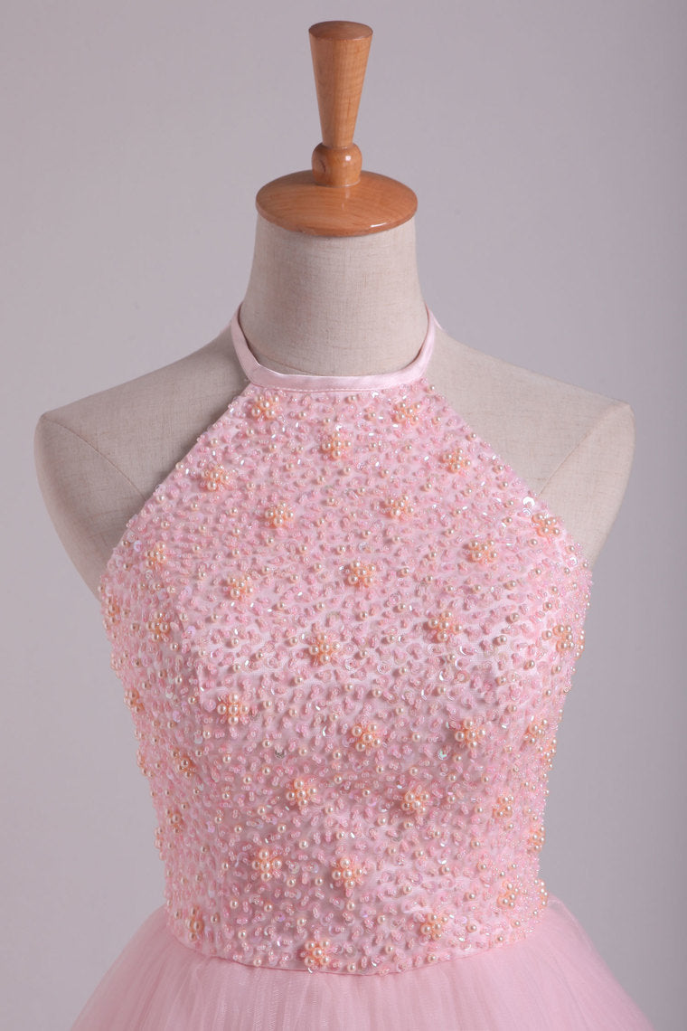 2022 Halter Homecoming Dresses A-Line Tulle Short/Mini Beaded Bodice