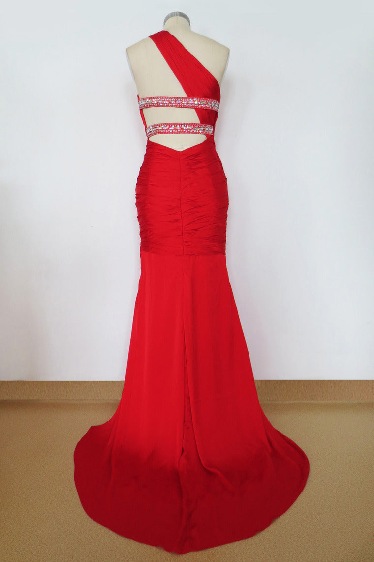 Elegant Prom Dresses 2022 Red Sheath/Column One Shoulder Chiffon Sweep/Brush Train