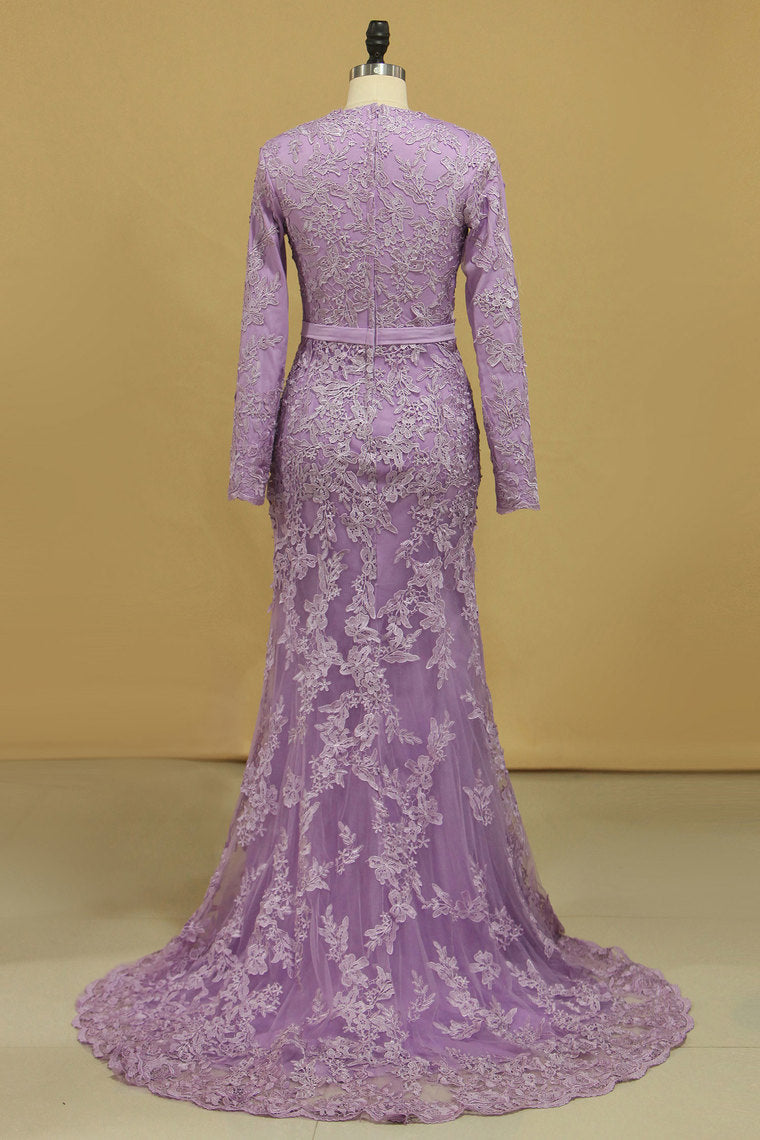 2022 Muslim Prom Dresses Mermaid Scoop Long Sleeves With Applique And Sash