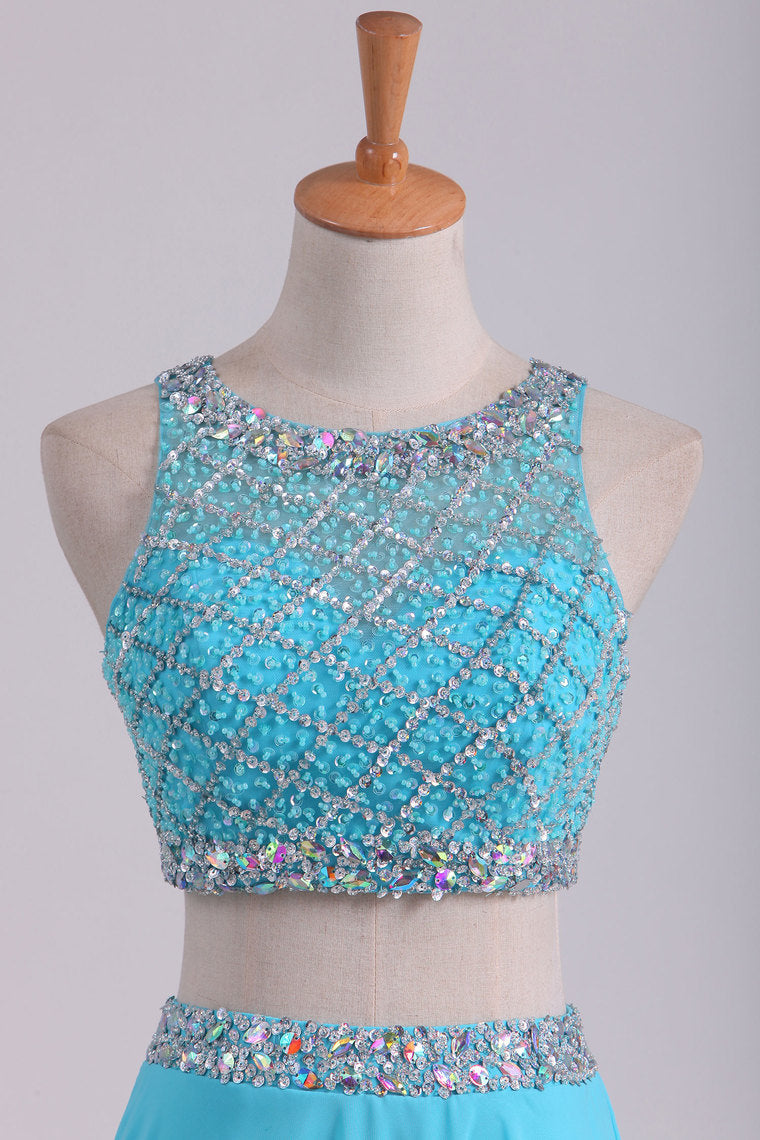 2022 Bateau Two Pieces Prom Dresses A Line Beaded Bodice Open Back Floor Length Chiffon & Tulle