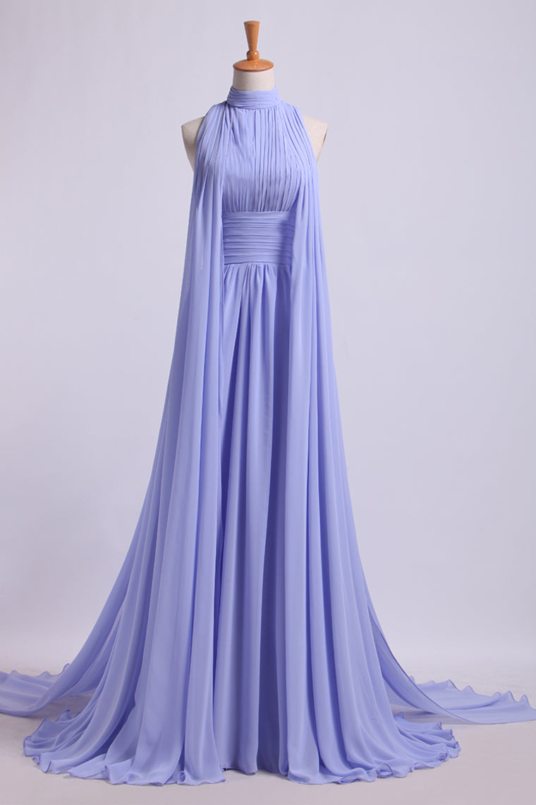 2022 High Neck Pleated Bodice Prom Dresses A-Line Chiffon Sweep Train