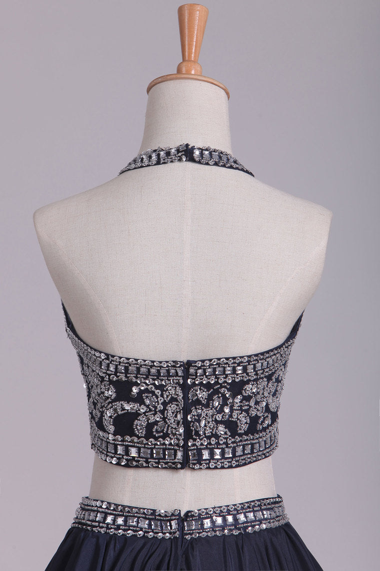 2022 Two-Piece Halter Beaded Bodice A Line Prom Dresses Taffeta Floor Length