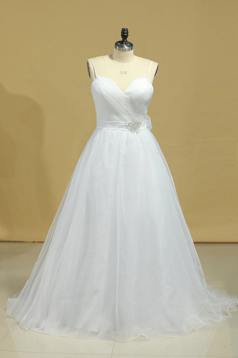 2022 Wedding Dresses A-Line Spaghetti Straps Court Train Organza With Removable Sash Zipper Back Plus Size