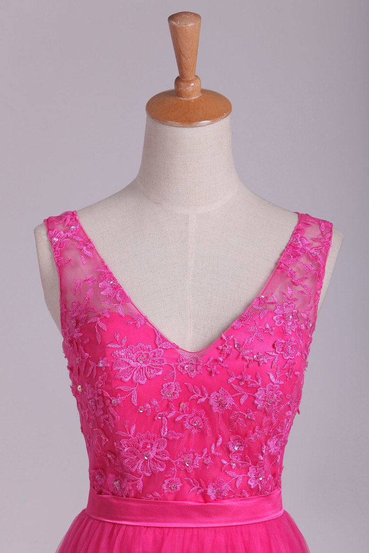 2022 Bridesmaid Dresses V Neck A Line With Embroidery And Sash Tulle