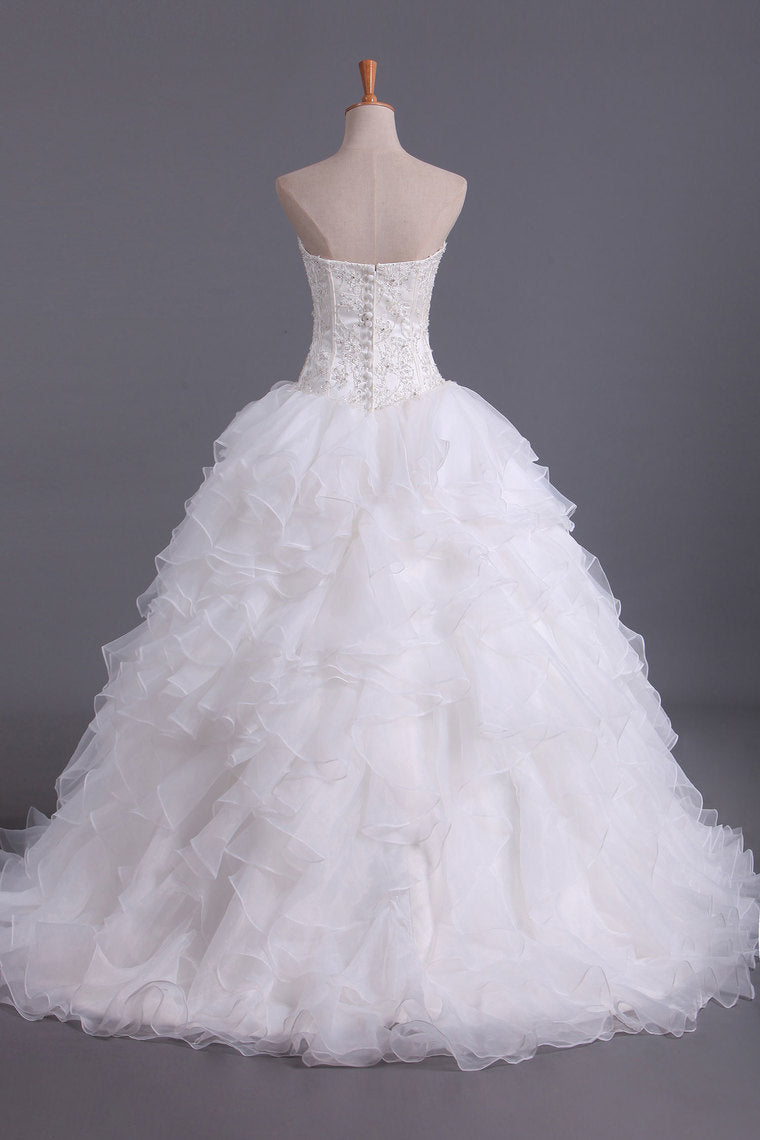 2022 Hot Wedding Dresses Sweetheart With Beads & Applique A Line Organza