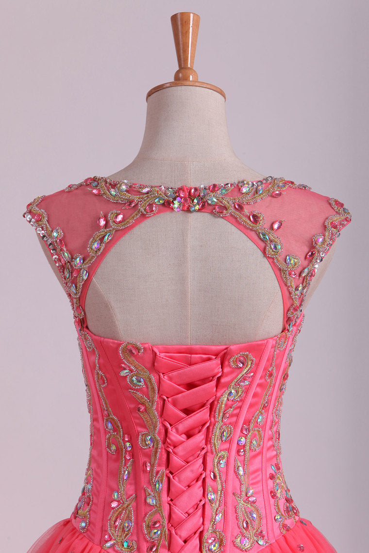 2022 Open Back Quinceanera Dresses Scoop With Embroidery & Beading Floor Length