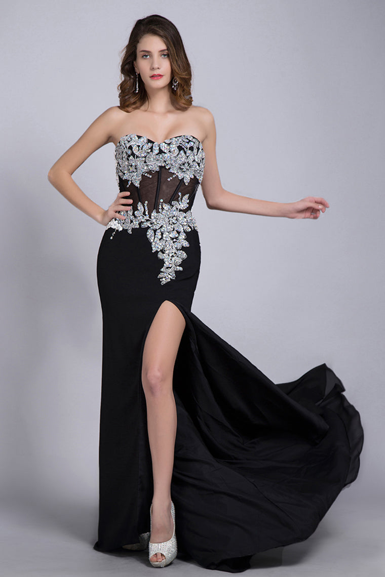 2022 Prom Dresses Mermaid/Trumpet Black Sweetheart Chiffon With Rhinestone