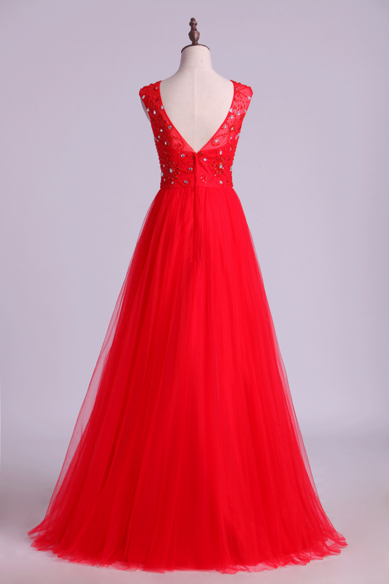 2022 Prom Dresses A Line Scoop Long Tulle V Back Red