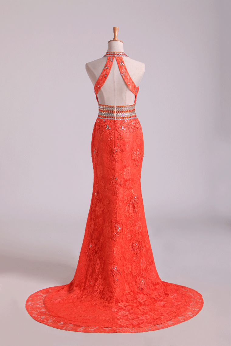 2022 Two Pieces Mermaid High Neck Prom Dresses Lace With Beads Sweep Train
