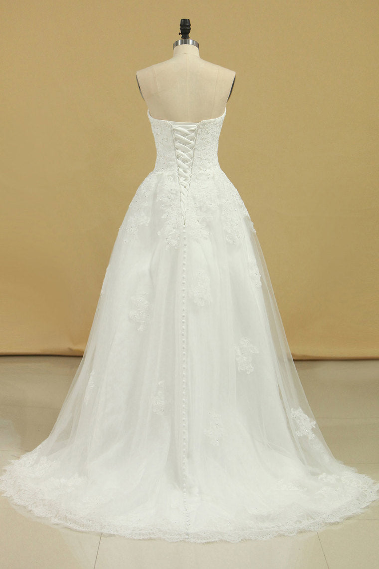 2022 Wedding Dresses Strapless Tulle With Applique A Line Court Train