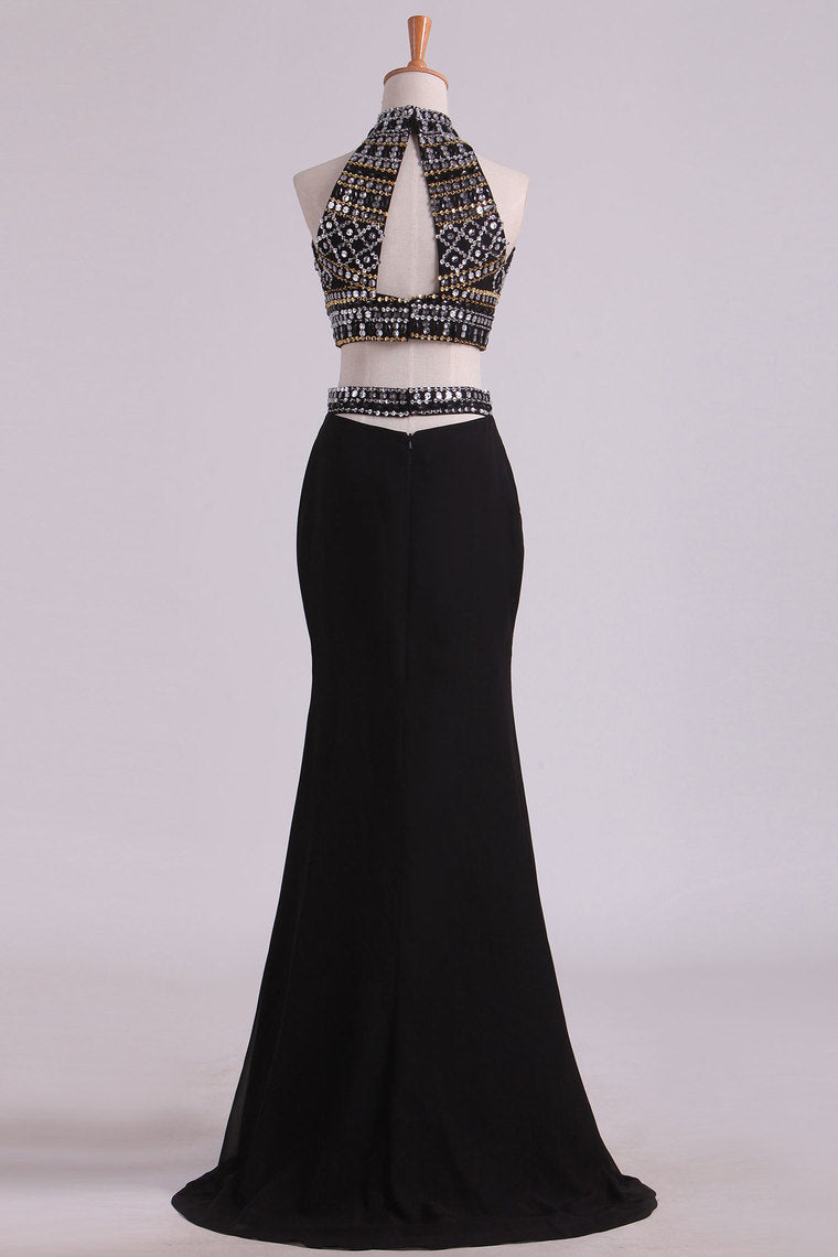 2022 Two-Piece Mermaid Prom Dresses High Neck Chiffon Beaded Bodice