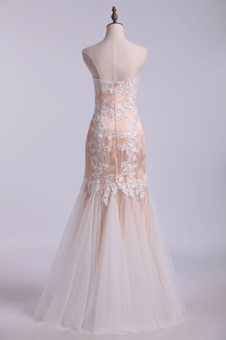 2022 Prom Dresses Sweetheart Mermaid Tulle Floor Length With Applique