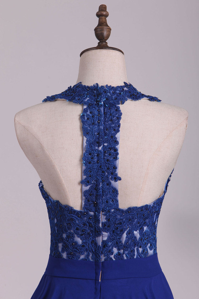 2022 Chiffon V Neck A Line With Applique And Beads Prom Dresses Open Back