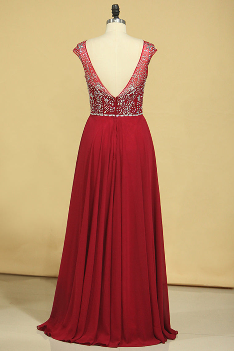 2022 Burgundy Prom Dresses A-Line Scoop Floor-Length Chiffon Beaded Bodice