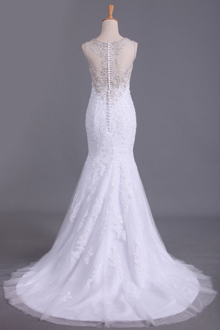 2022 Scoop Wedding Dresses Mermaid/Trumpet Sweep Train Tulle With Applique And Beads
