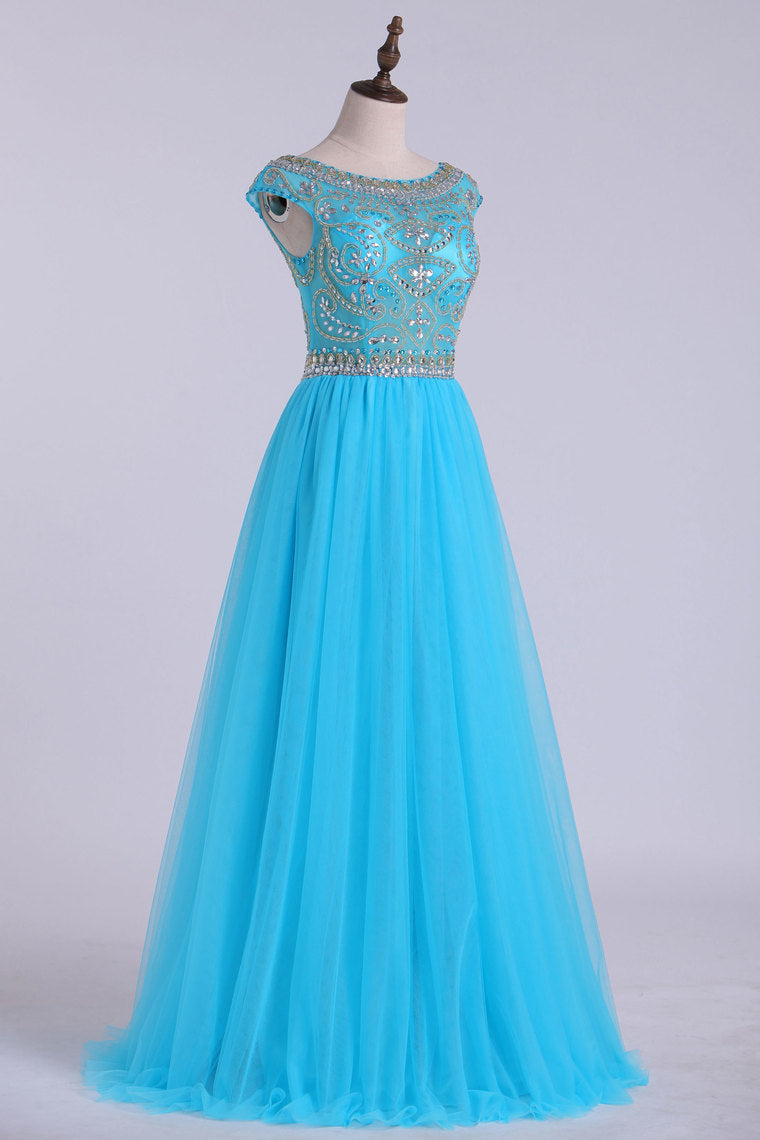 2022 Scoop A-Line Prom Dress Full Beaded Bodice Champagne Tulle Floor Length