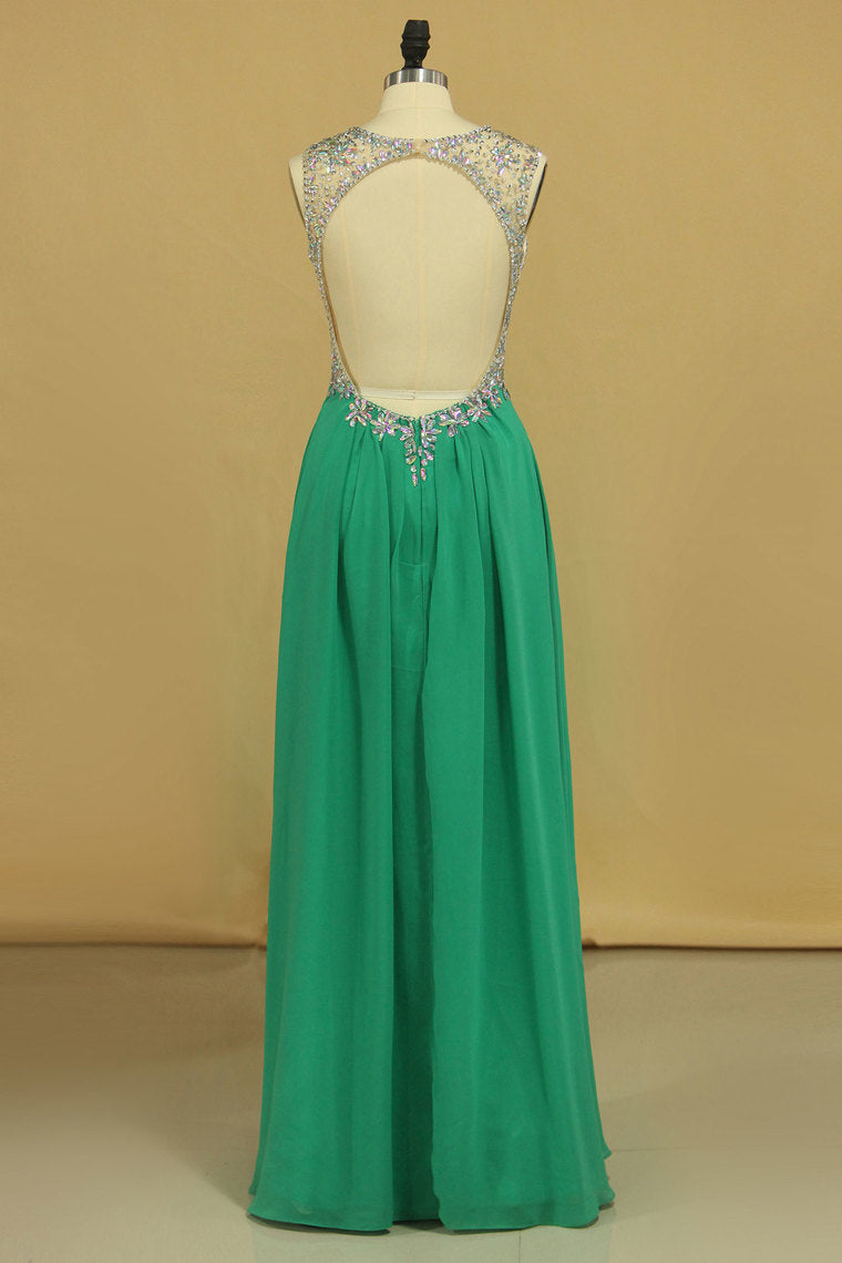 2022 Scoop Open Back A Line With Beads Prom Dresses Sweep Train