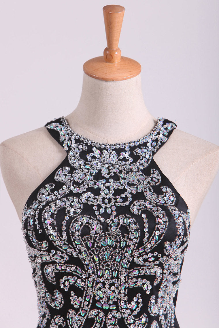 2022 Black Scoop Mermaid Beaded Bodice Open Back Prom Dresses Satin Floor Length