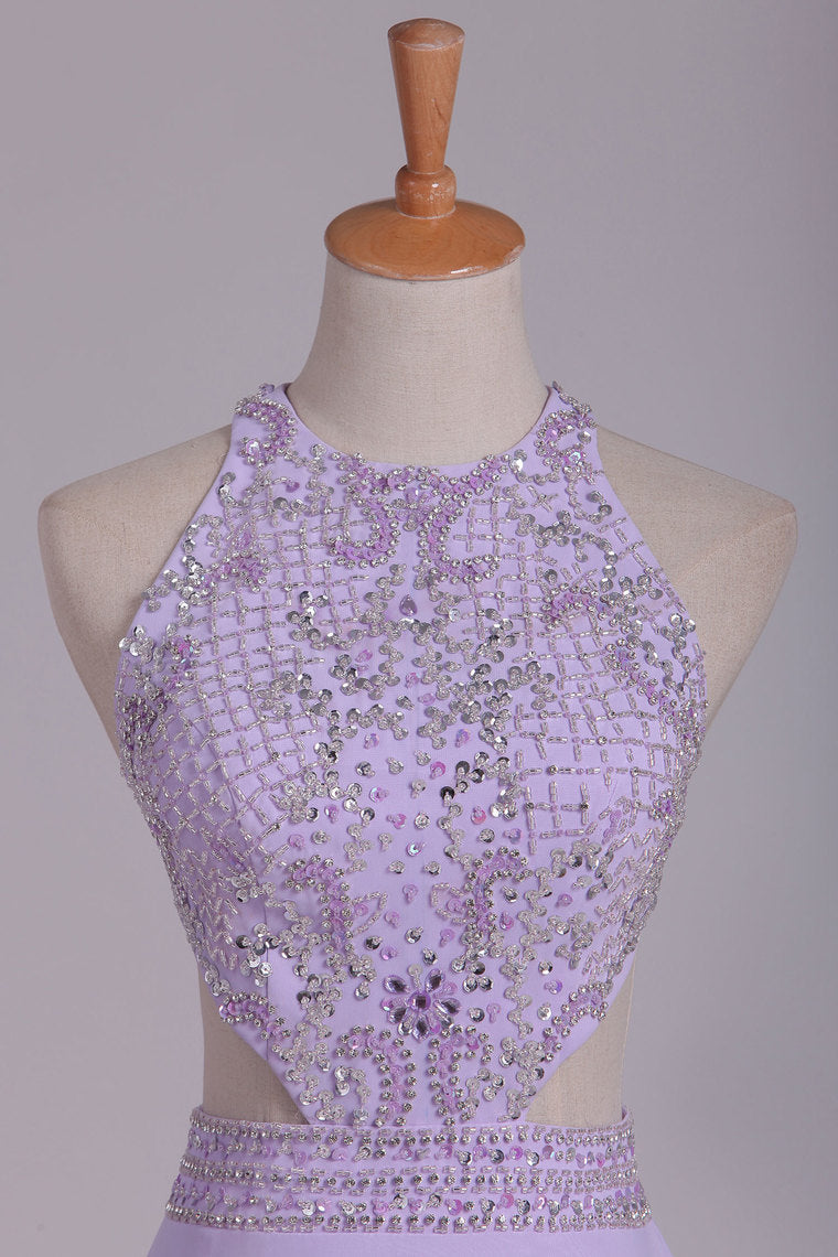 2022 Scoop Prom Dresses A Line Chiffon With Beading Sweep Train