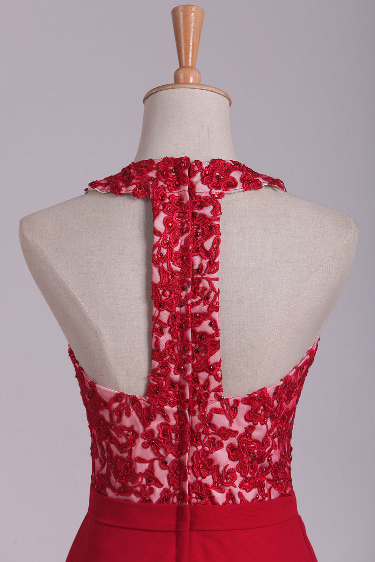 2022 V Neck Prom Dresses A Line Chiffon With Applique And Beads Open Back Floor Length