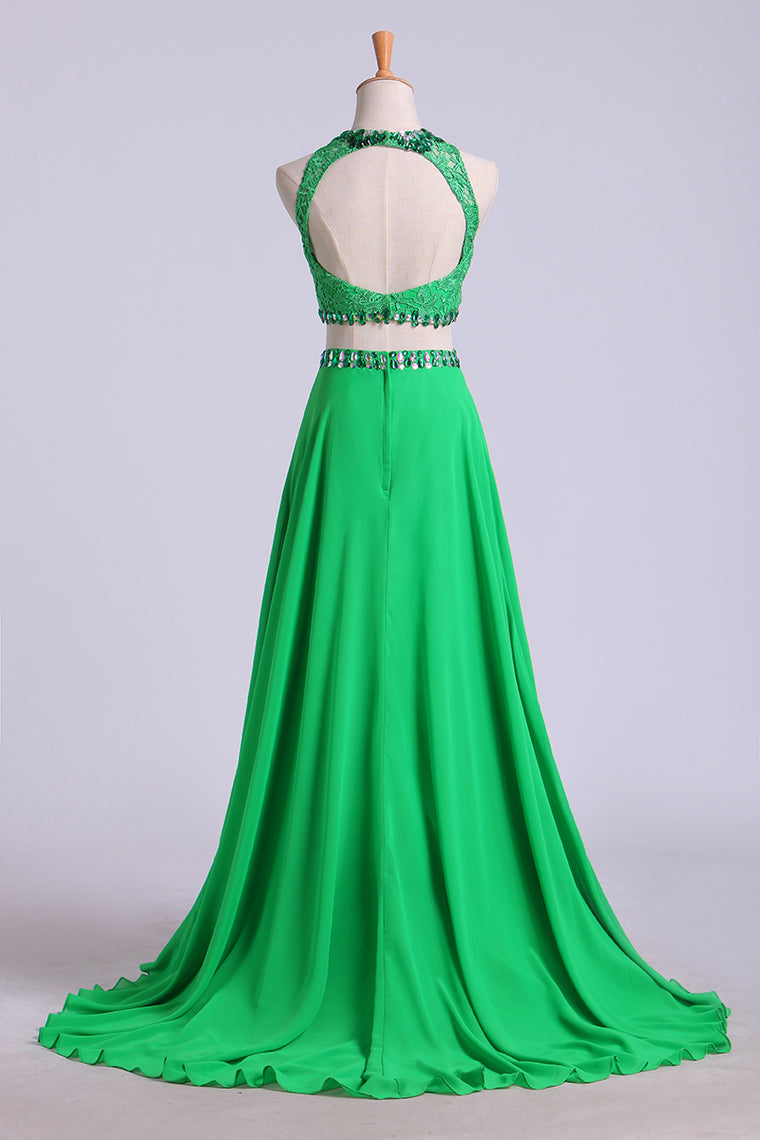 2022 Two Pieces Scoop A Line Prom Dresses Backless Sweep Train With Beading