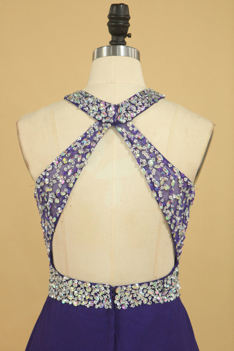 2022 Halter Beaded Bodice Open Back Prom Dresses A Line Chiffon Sweep Train