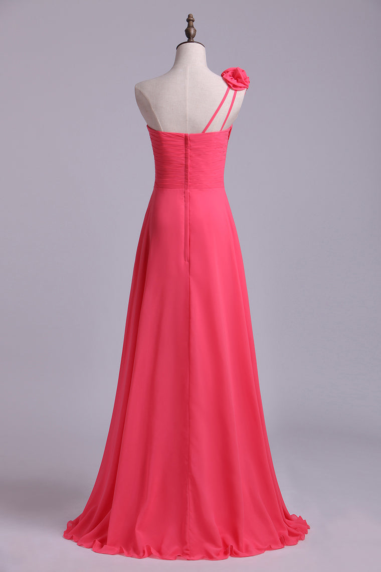 2022 One Shoulder A Line Bridesmaid Dress With Handmade Flowers Chiffon