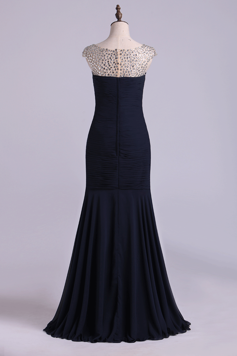 2022 Bateau Prom Dresses Mermaid Chiffon Floor Length With Beading