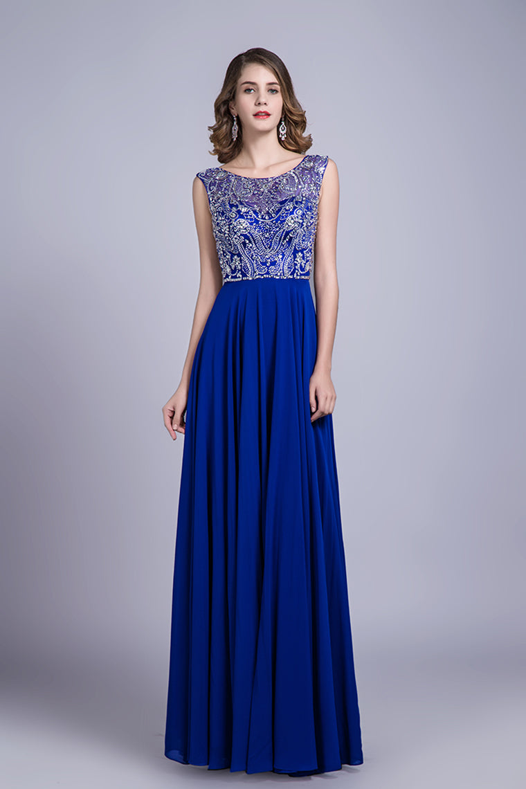 2022 Hot Selling Prom Dresses Dark Royal Blue A-Line Scoop Floor-Length Chiffon