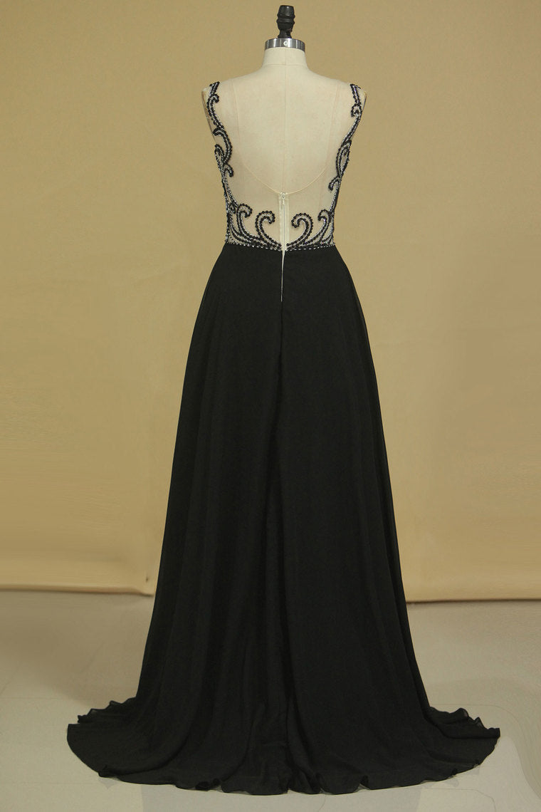 2022 Bateau With Beads And Ruffles Prom Dresses A Line Chiffon Sweep Train