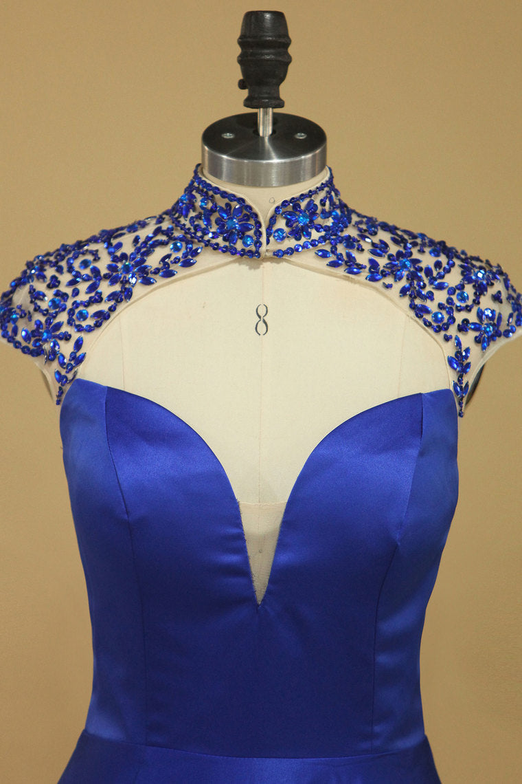 2022 Sexy Open Back High Neck A Line Prom Dresses With Beading