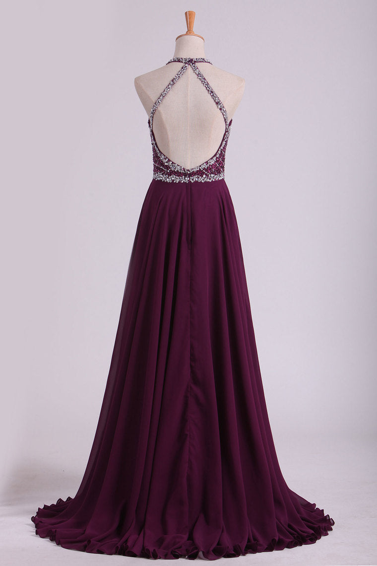 2022 Grape A Line Prom Dresses Halter Beaded Bodice Open Back Sweep Train Chiffon & Tulle