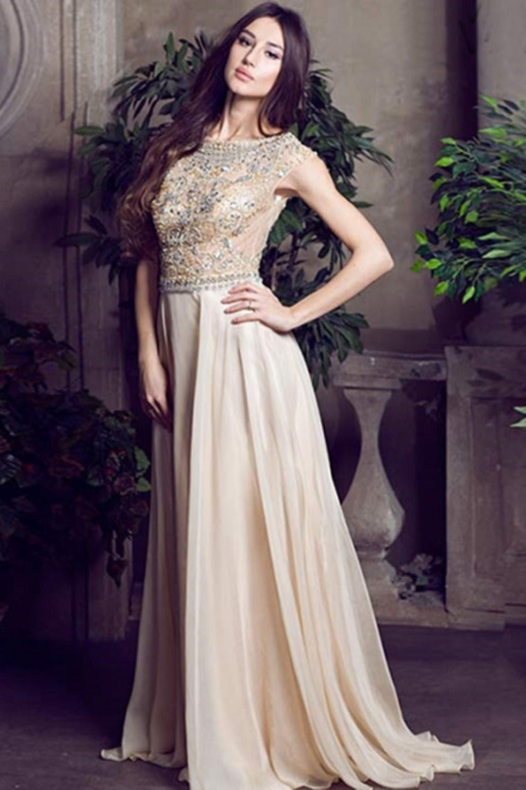 2022 Prom Dress Scoop A Line Floor Length Beaded Tulle Bodice With Chiffon Skirt