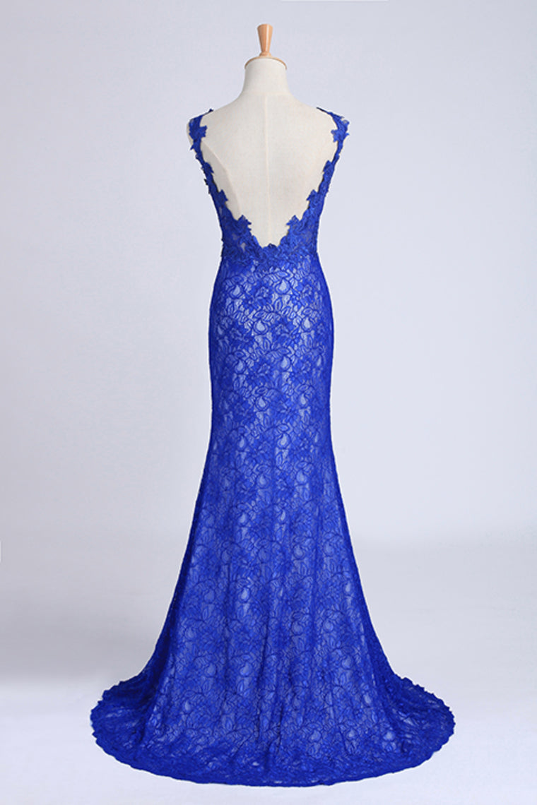 2022 Evening Dresses Bateau Mermaid With Deep V Shape Back Lace&Tulle Dark Royal Blue