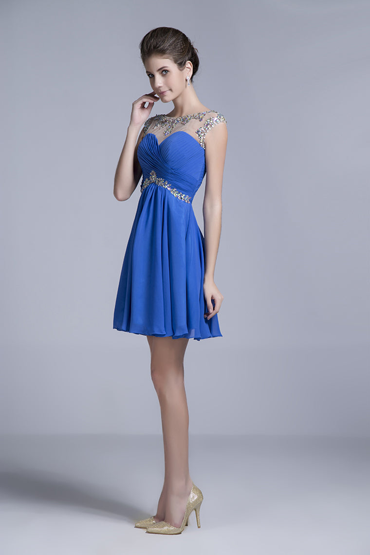 2022 Homecoming Dresses Short/Mini Rulffled&Beaded Chiffon Dark Royal Blue