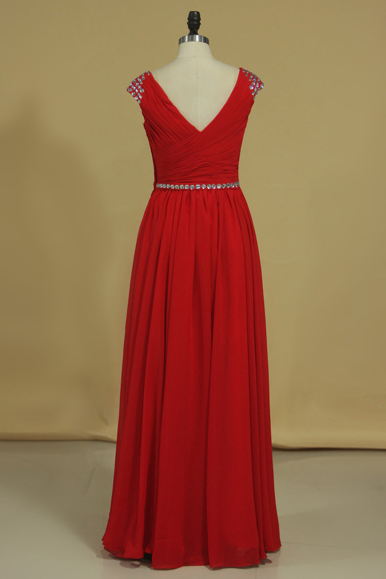 2022 A Line V Neck Chiffon Prom Dresses With Beads And Ruffles Floor Length