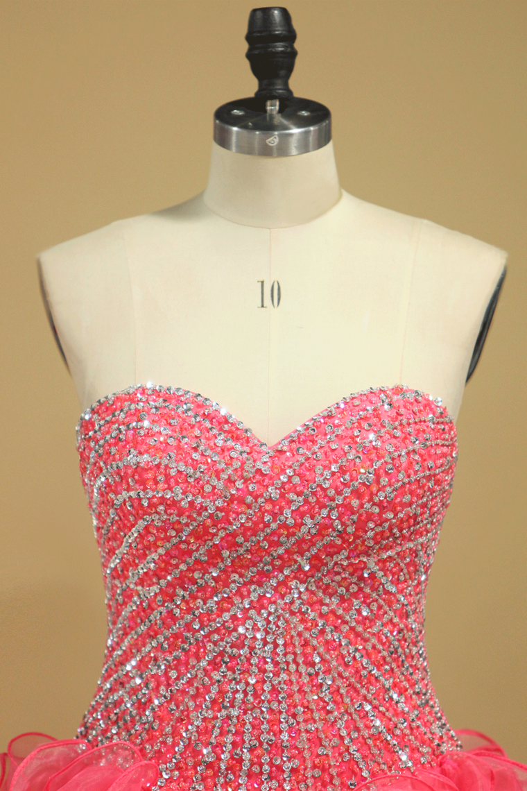 2022 Beautiful Quinceanera Beaded Bodice Sweetheart Floor Length Ruffle Skirt Orange