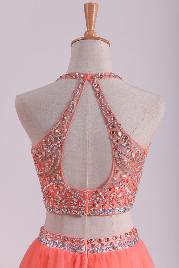 2022 Two-Piece Halter A Line Prom Dresses Beaded Bodice Tulle Floor Length
