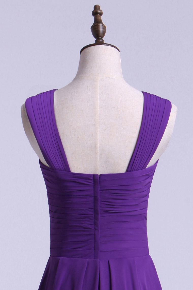 2022 V-Neck Bridesmaid Dresses A Line Chiffon With Ruffles Knee Length