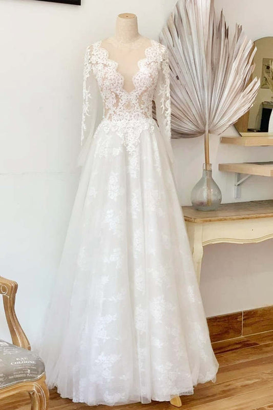 Leilany | A-Line Illusion Crew Neck White Lace Wedding Dress